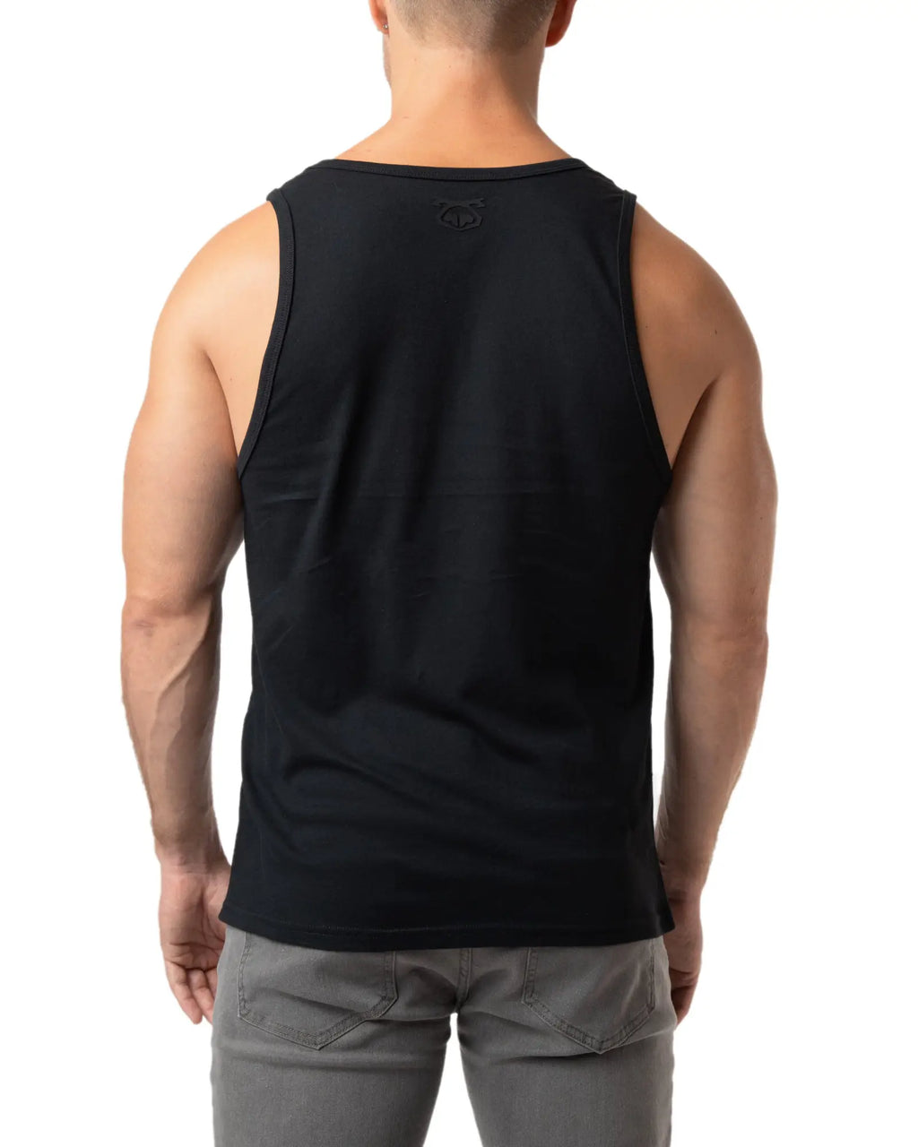 Black sleeveless brandmark tank top showing back with a subtle logo on upper back for casual wear