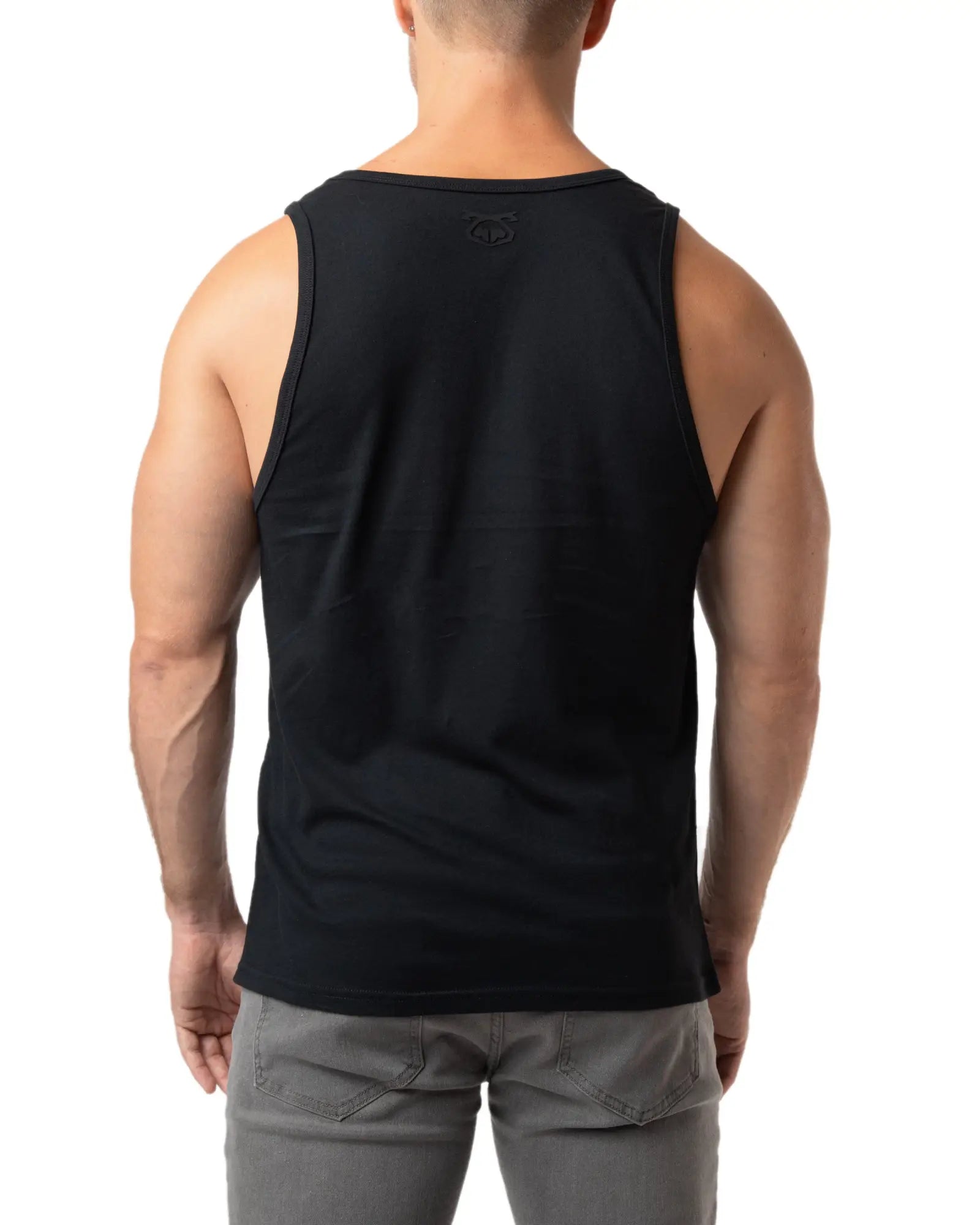 Black sleeveless brandmark tank top showing back with a subtle logo on upper back for casual wear