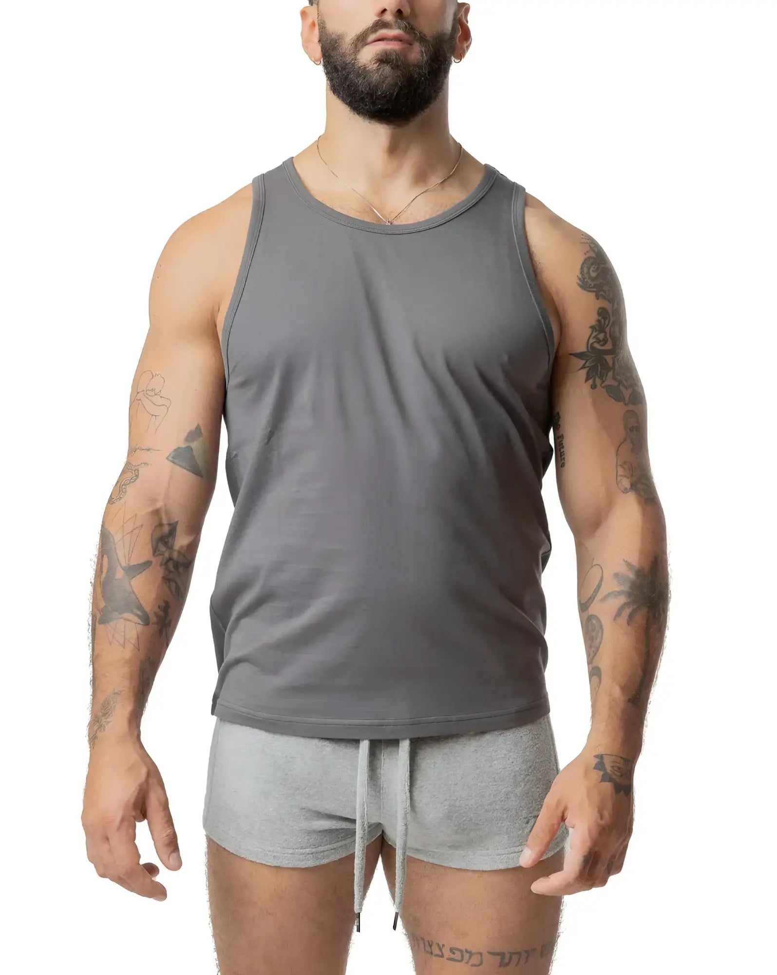 Gray sleeveless Brandmark tank top with a simple round neckline and relaxed fit ideal for casual wear