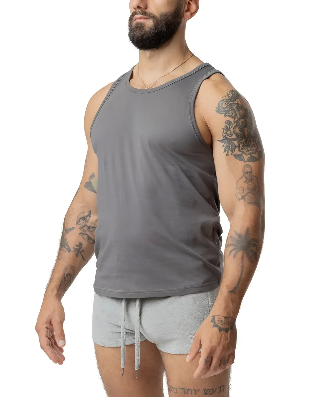 Gray sleeveless tank top with round neckline and relaxed fit from Brandmark Tank perfect for casual wear