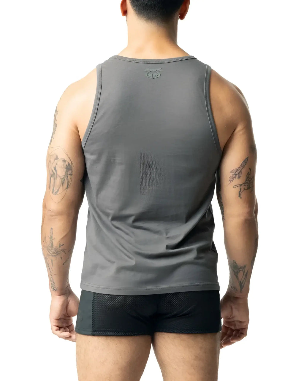 Gray brandmark tank sleeveless top with subtle logo at the neckline ideal for casual and athletic wear