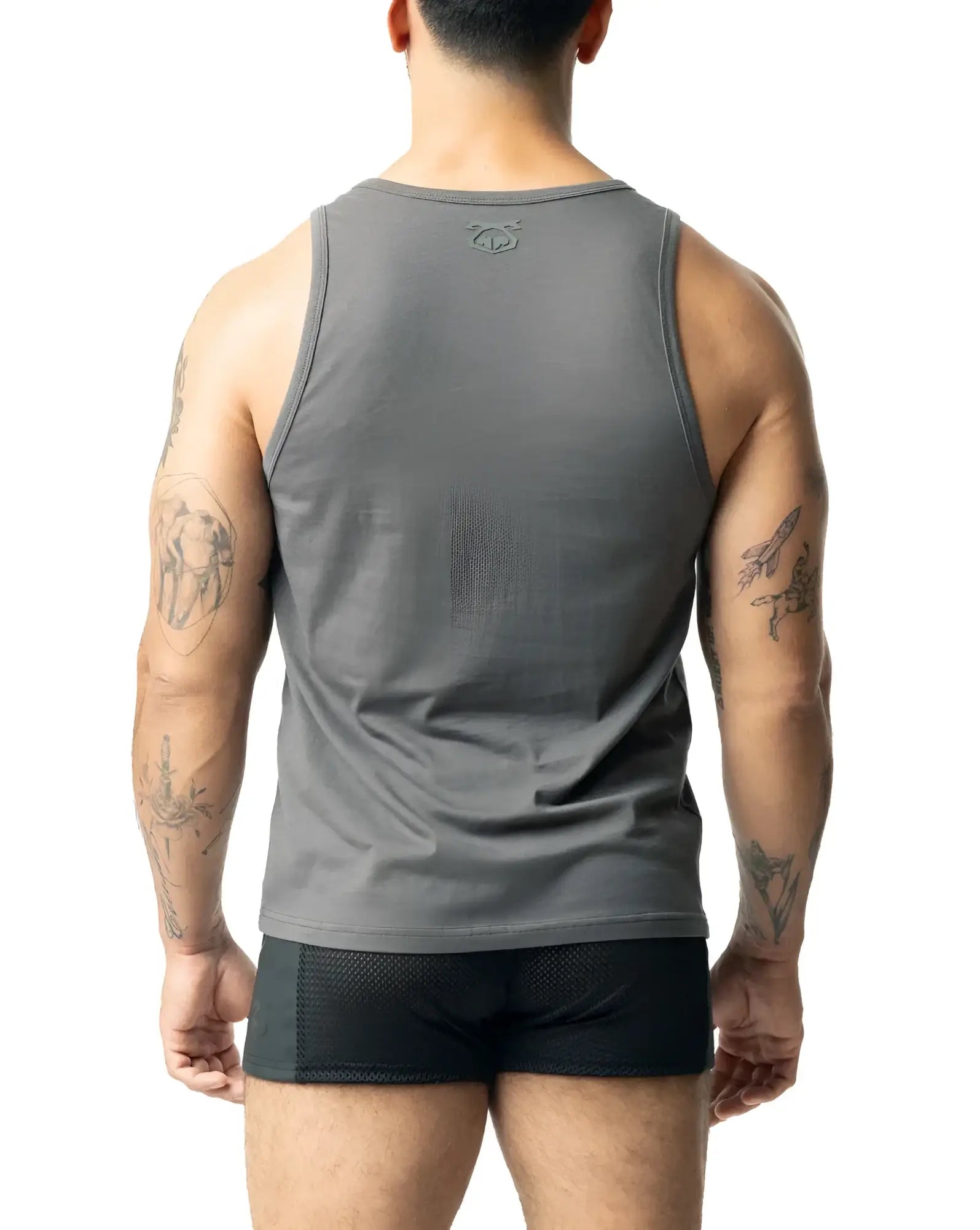Gray brandmark tank sleeveless top with subtle logo at the neckline ideal for casual and athletic wear