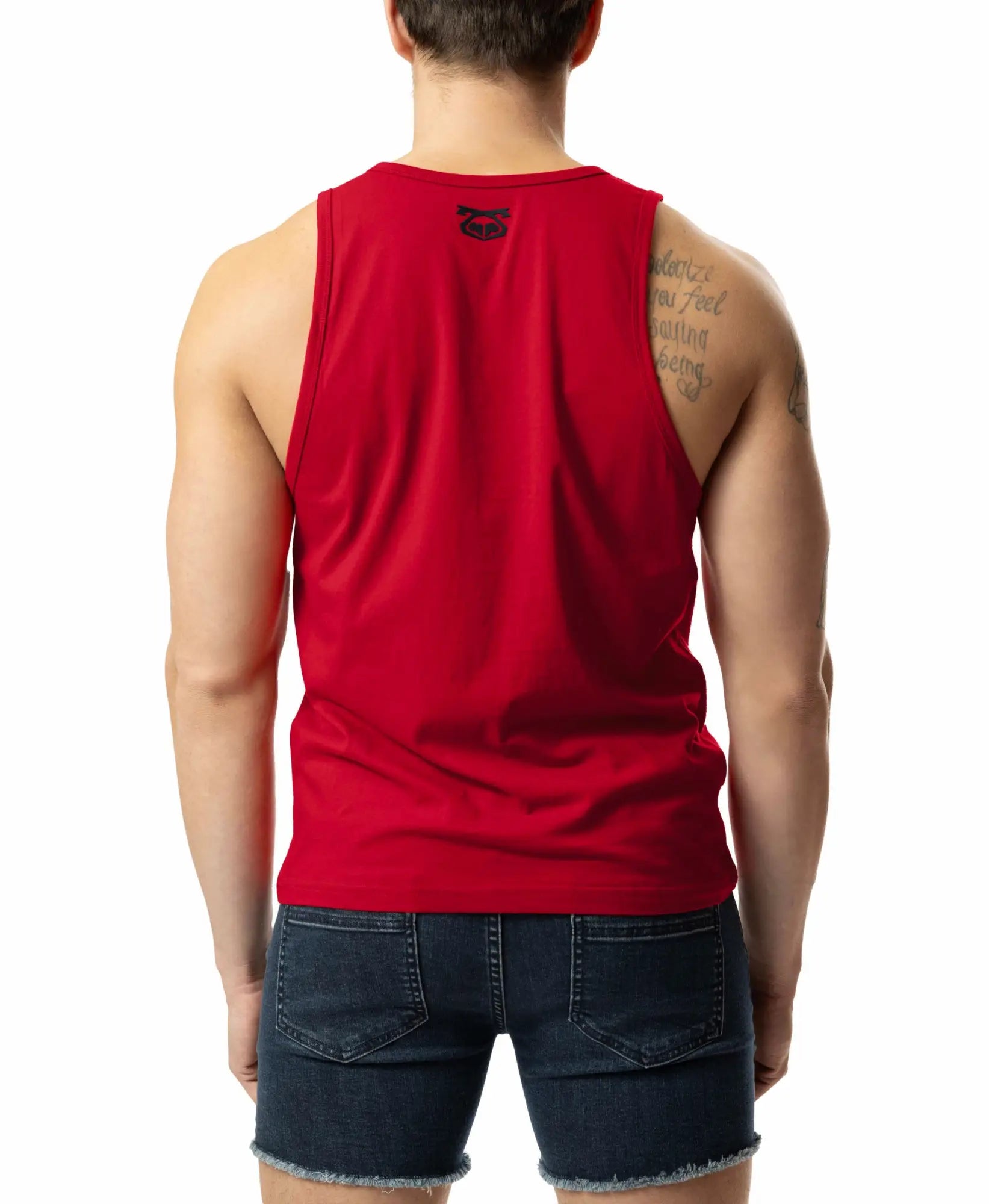 Back view of a red sleeveless brandmark tank top with a small black logo on the upper back