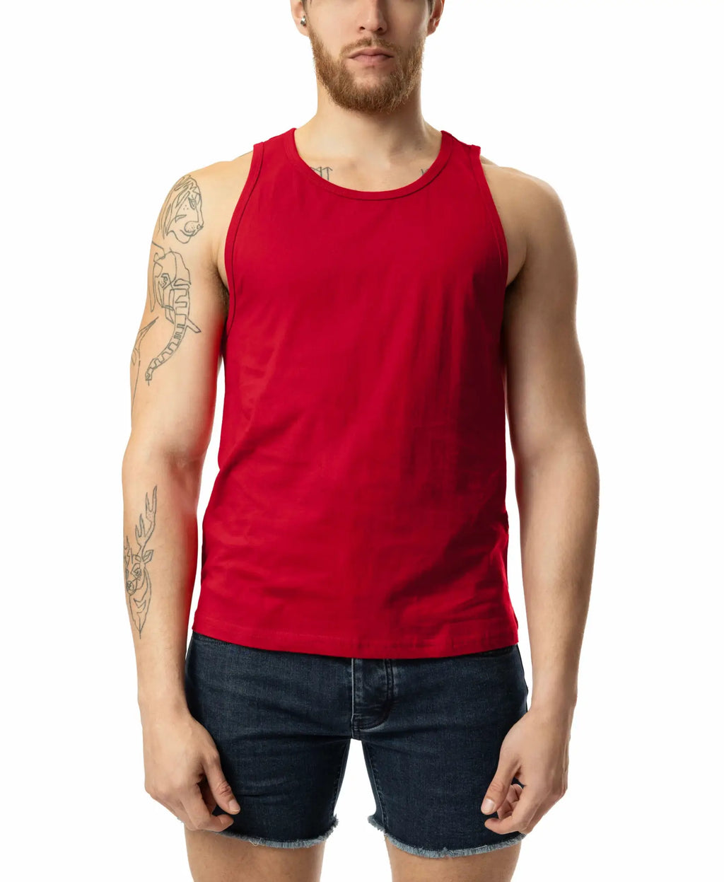 Red sleeveless polyester tank top with round neckline and straight hem from Brandmark collection
