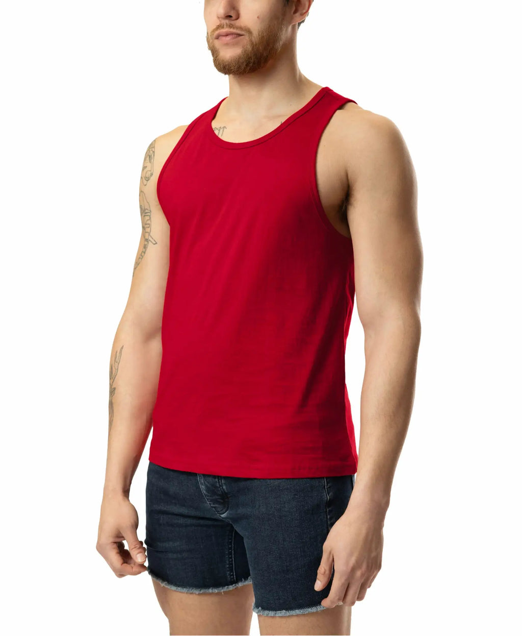 Red sleeveless brandmark tank top with a simple round neckline and smooth fabric for casual wear