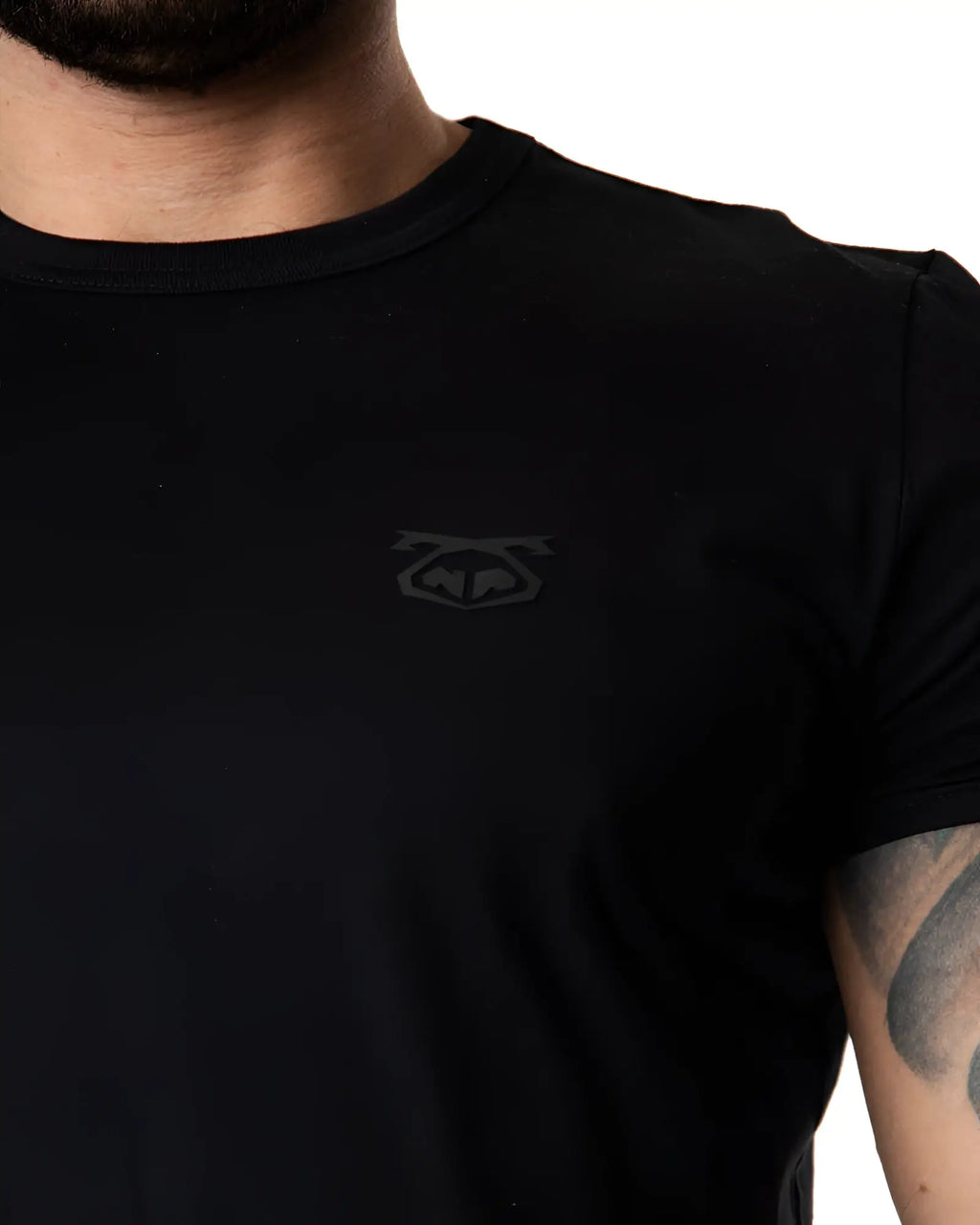 Black crew-neck brandmark tee with subtle dark gray logo on left chest made from soft cotton material