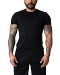Black short-sleeved crew neck cotton brandmark tee with a small logo on the left chest for casual wear