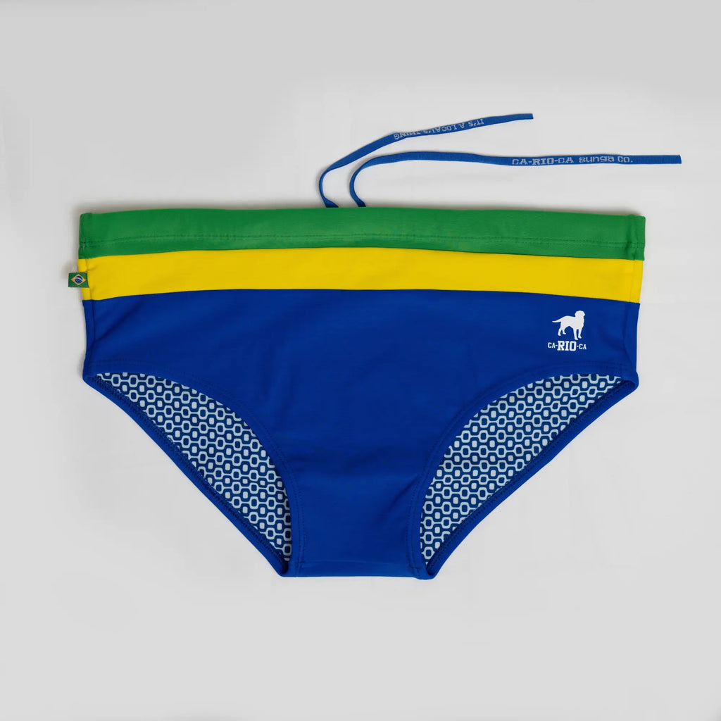 Brazilia trio sunga classic and traditional cut swim shorts with brazil flag colors and white dog logo on side