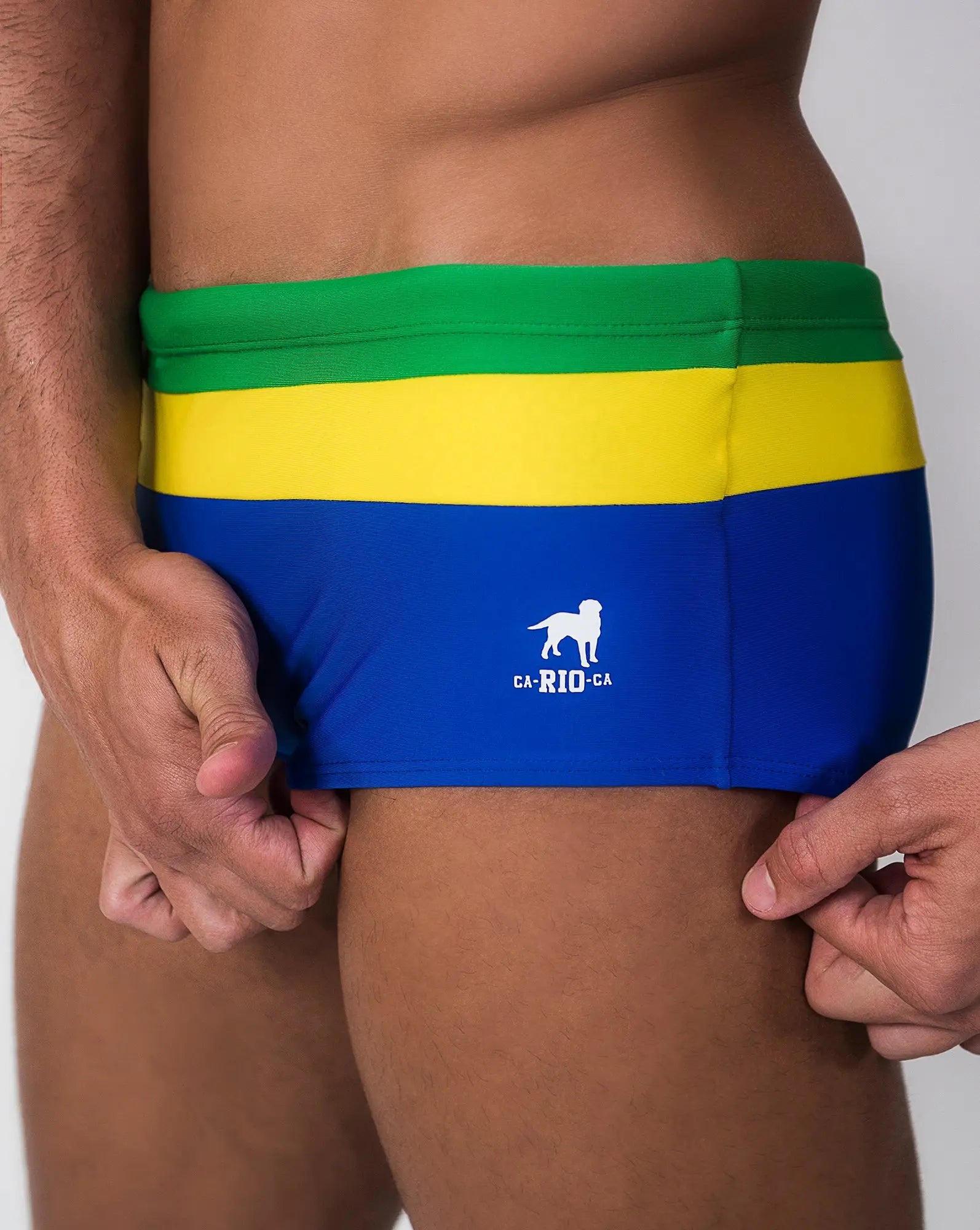Brazilia trio sunga swim trunks in classic cut with brazilian flag colors white dog logo and ca rio ca text on blue panel