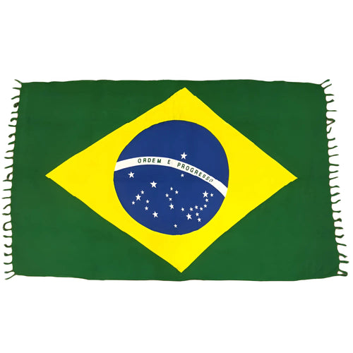 Brazilian flag canga beach towel sarong with green yellow blue and white colors and fringed edges for beach use