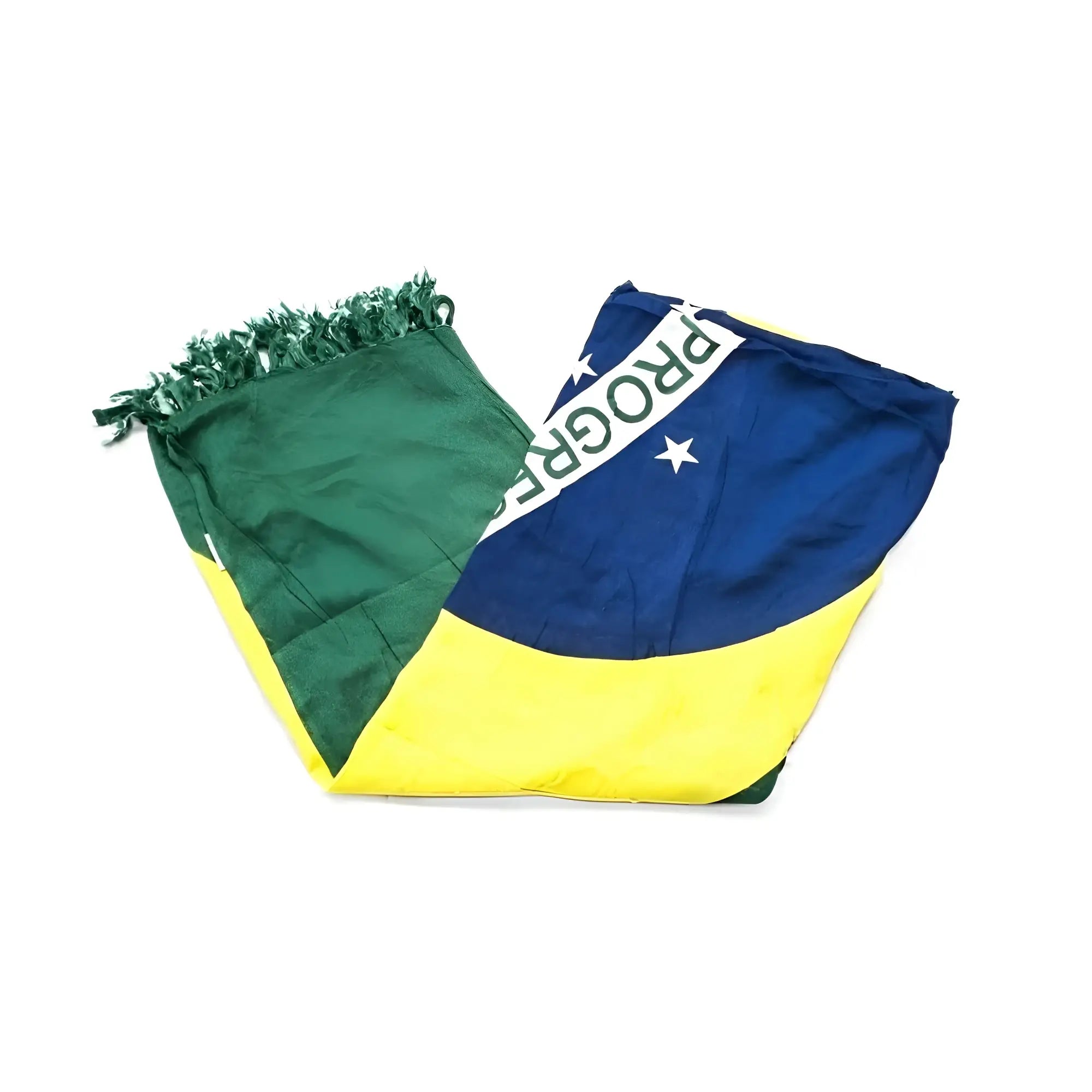 Folded brazilian flag canga sarong beach towel in green yellow and blue with white stripe and progresso text