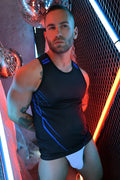 Black athletic tank top with blue diagonal stripe accents designed for performance in the Revolution Tank collection