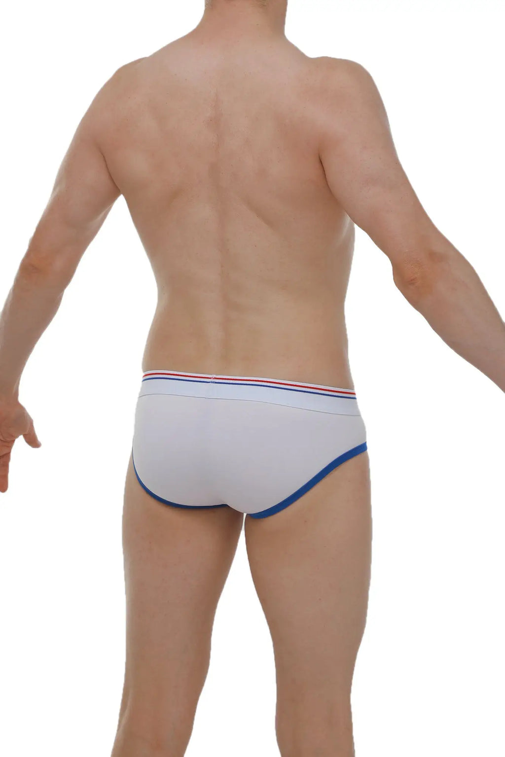 White briefs Andrew White with blue trim and a thin red and blue striped waistband for comfortable everyday wear