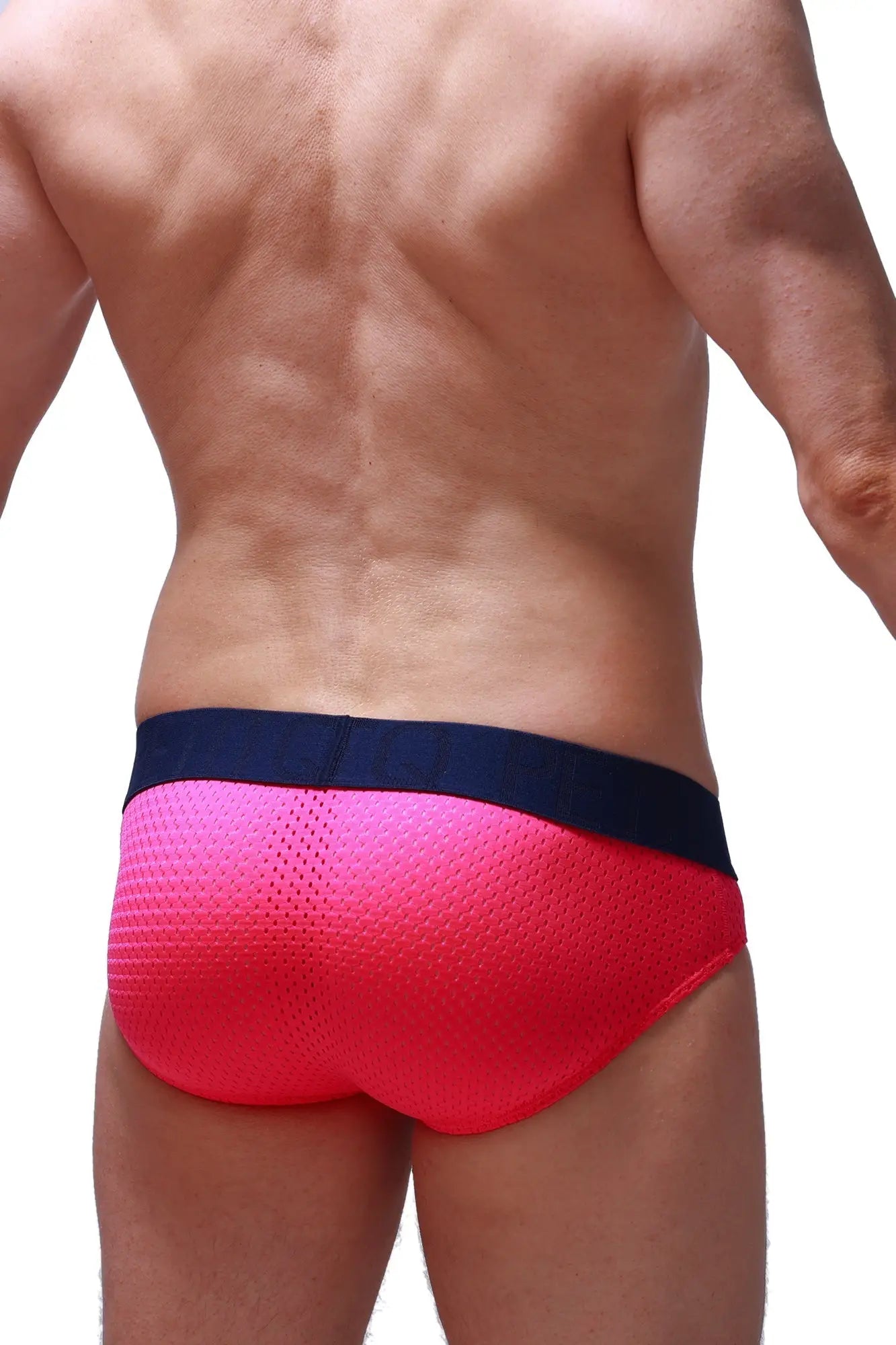 Bright pink mesh swim trunks with navy blue waistband brief anjouin bee pink front view