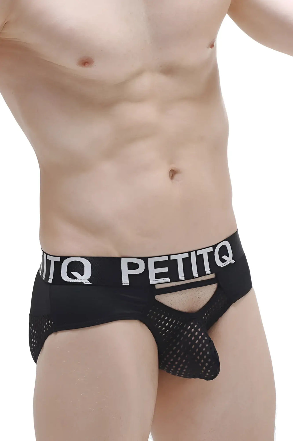 Black mesh briefs asserac with bold white petitq logo band for comfortable stylish underwear