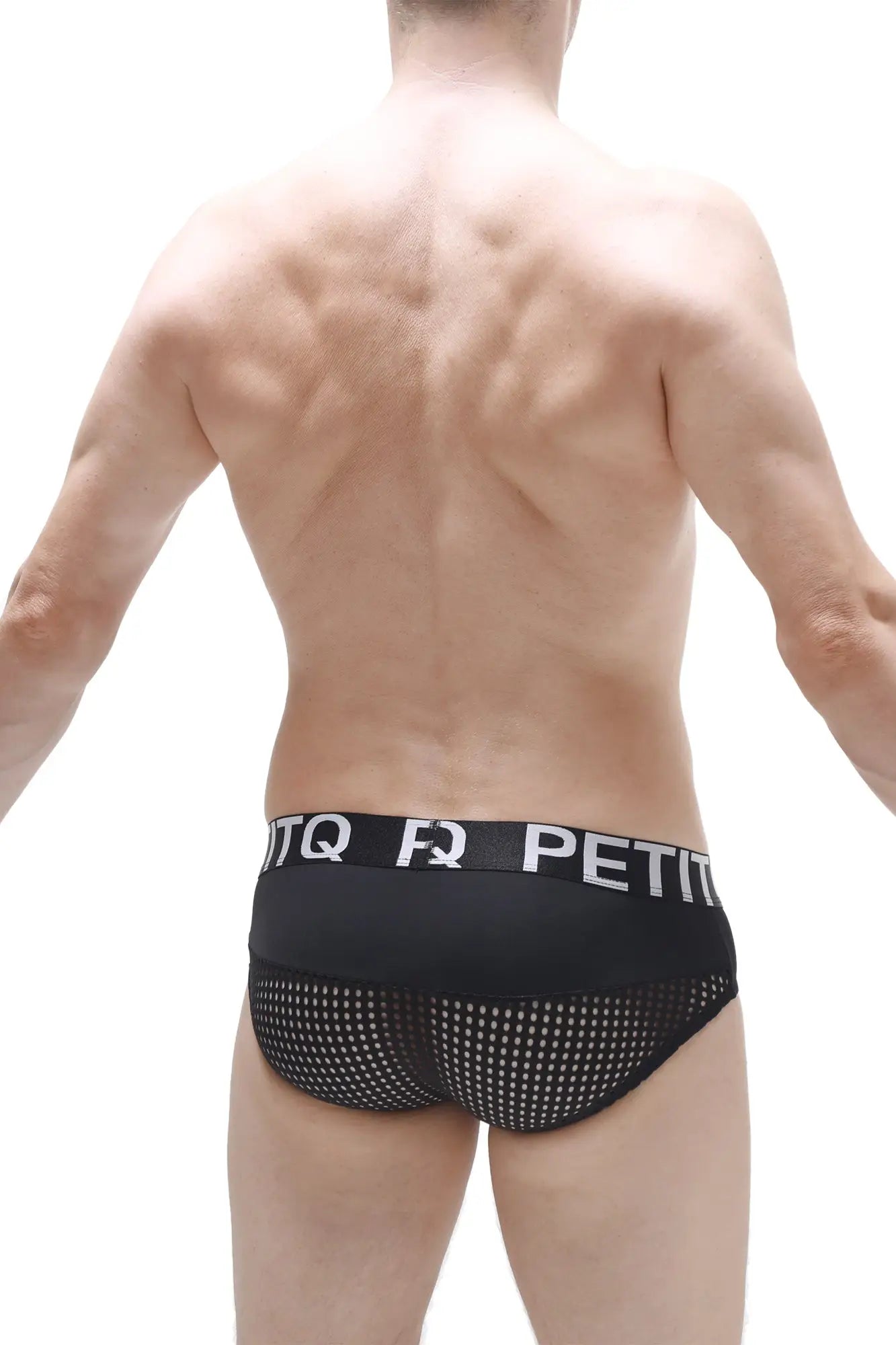 Black mesh briefs asserac black with solid waistband featuring white lettering front view