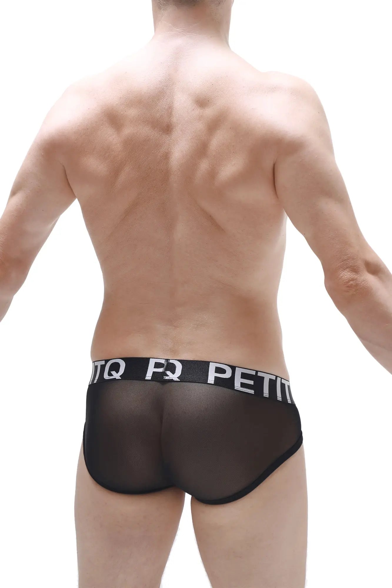 Black sheer mesh briefs with black elastic waistband and white petitq branding from brief aurol net black collection
