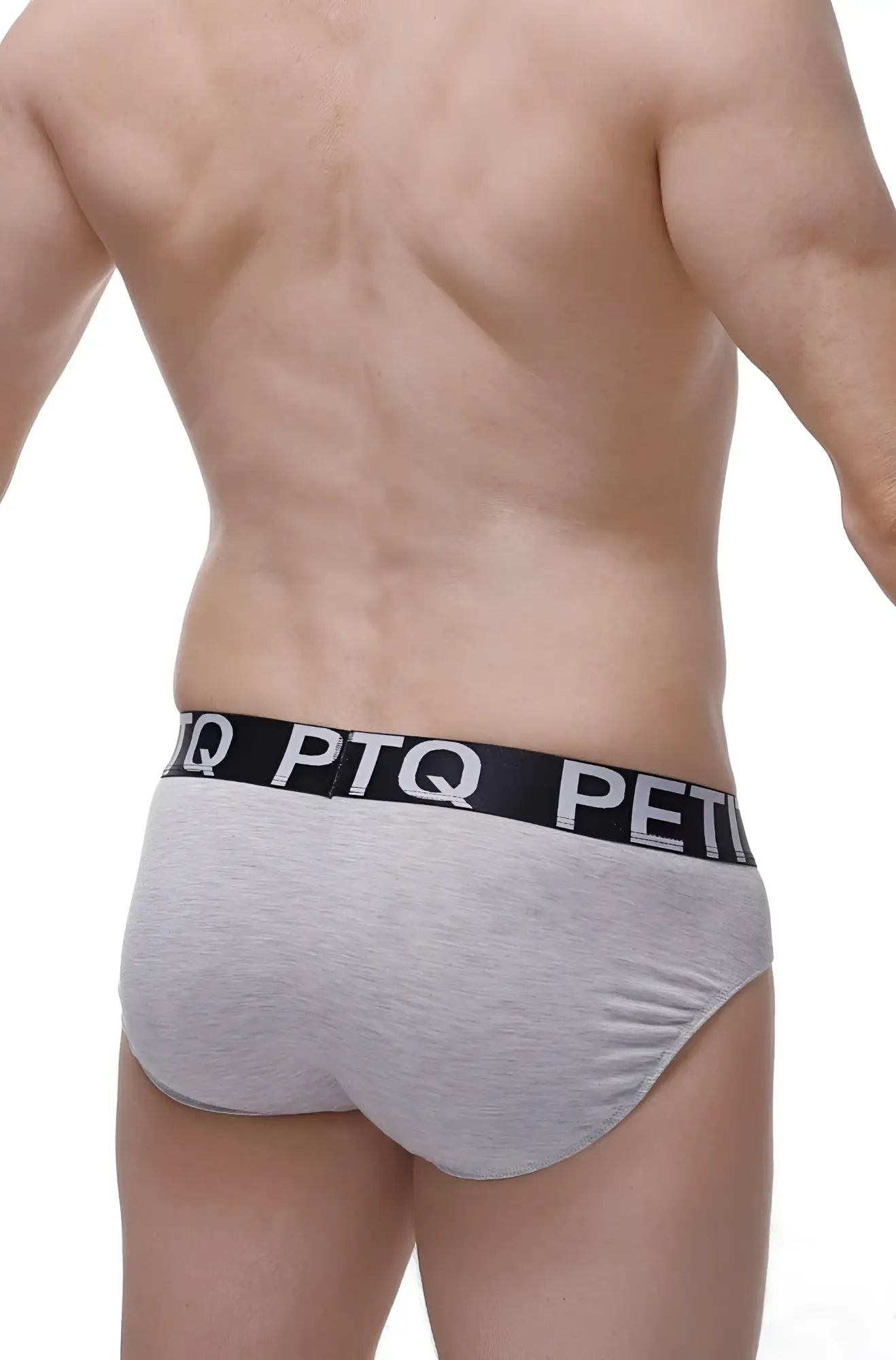 Gray heathered bamboo briefs with a black ptq logo elastic waistband and a built-in pad for comfort