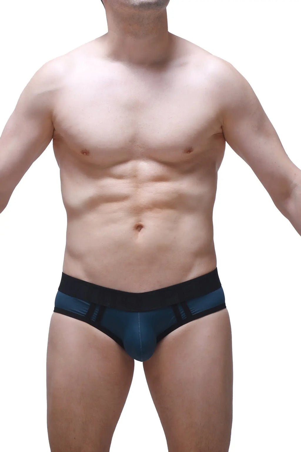 Dark blue athletic briefs with black elastic waistband and subtle geometric pattern accents in prussian blue color