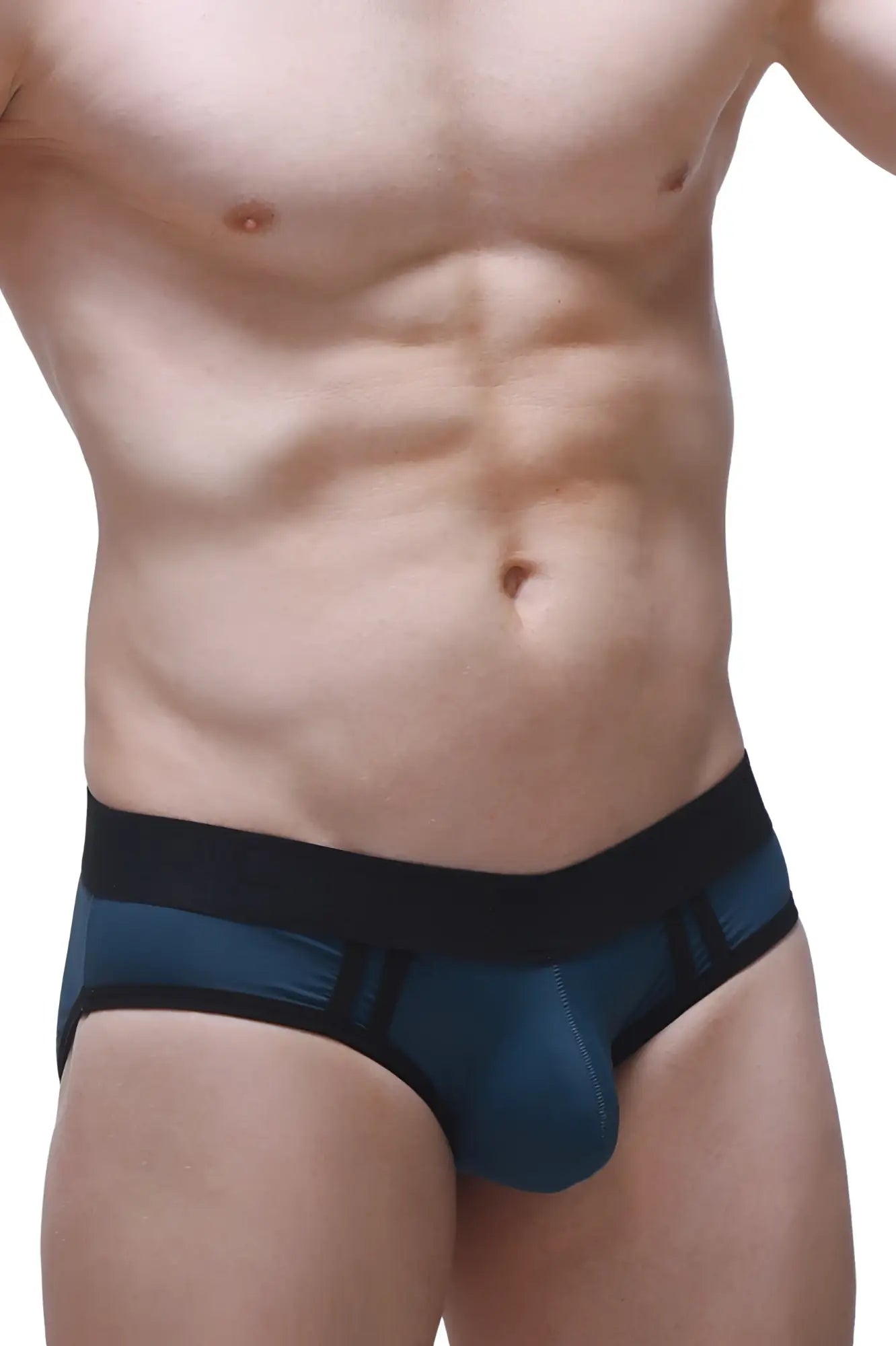 Dark blue and black athletic briefs with contoured design from brief bandes prussian blue for active wear