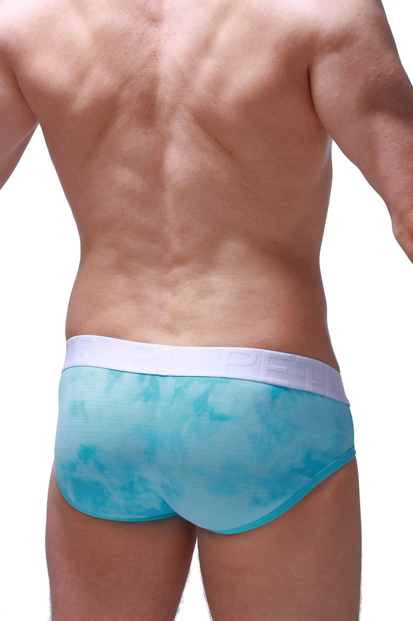 Turquoise tie-dye men’s briefs with white elastic waistband embossed with pel in brief bessay marbre green design