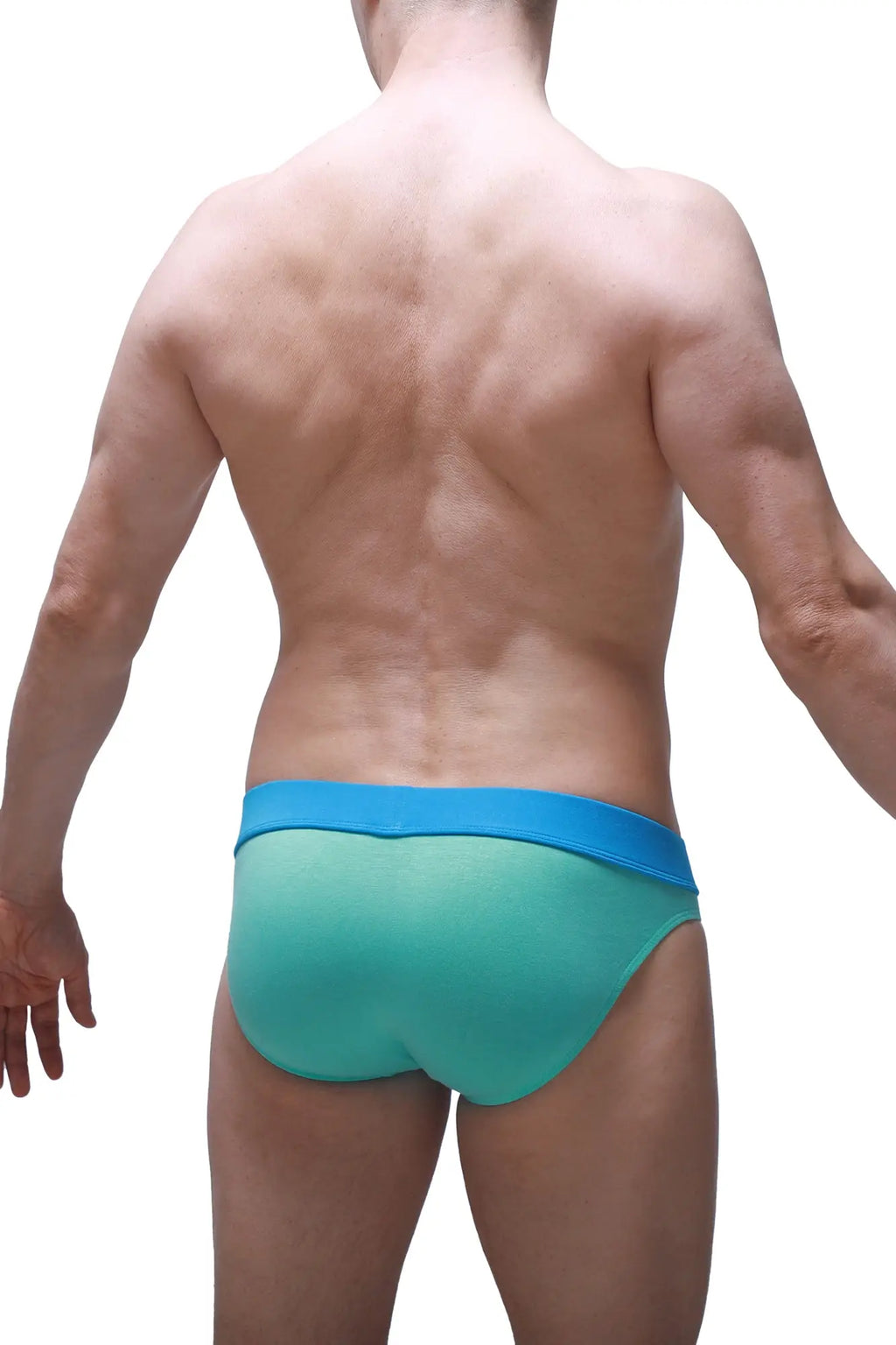 Brief blaru bamboo green turquoise and blue gradient swim trunks with smooth stretchy fabric waistband