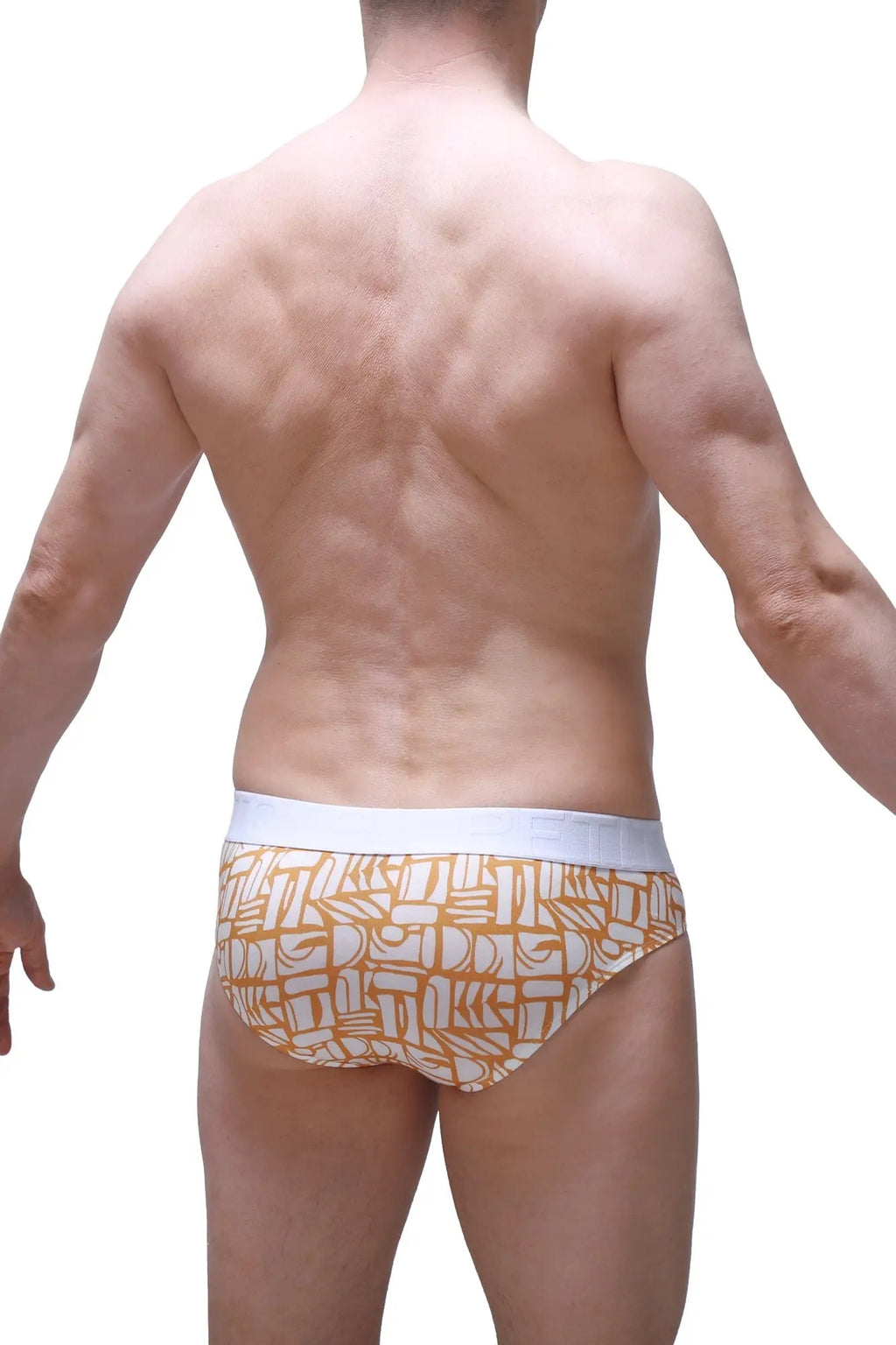 Orange and white patterned briefs with a geometric design from brief chill carlot alloy collection