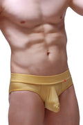 Gold satin briefs with a red logo waistband designed for comfort in the brief chill joe gold collection