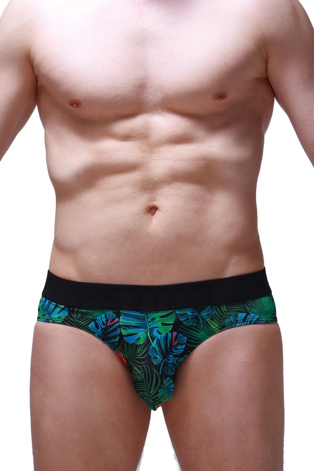Brief chillax tropical men’s briefs with green and blue tropical leaf pattern and black elastic waistband