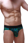 Men’s Brief Chillax Tropical briefs with tropical leaf pattern and black elastic waistband for casual comfort