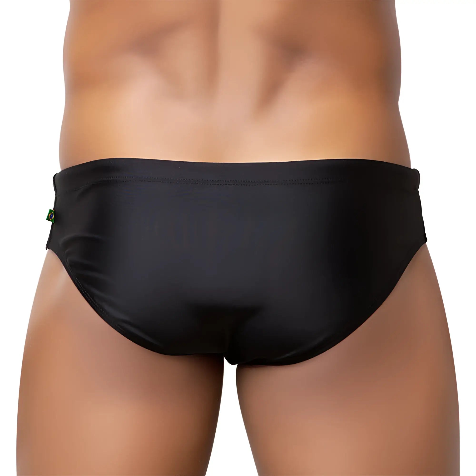 Brief cut solids sunga male bathing suit in black glossy fabric with a small green logo on the left side