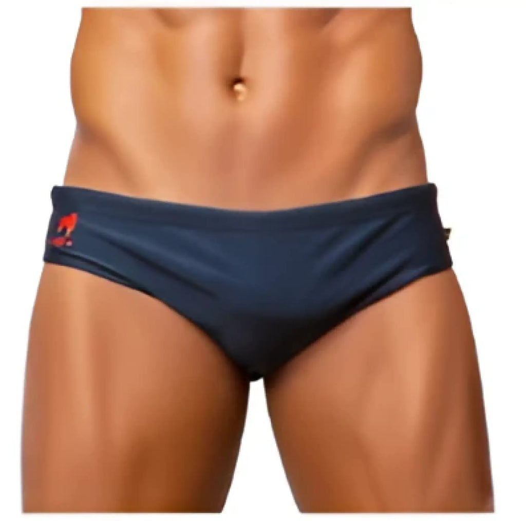 Navy blue brief cut solids sunga male bathing suit with a small red logo on the left hipband for swimming