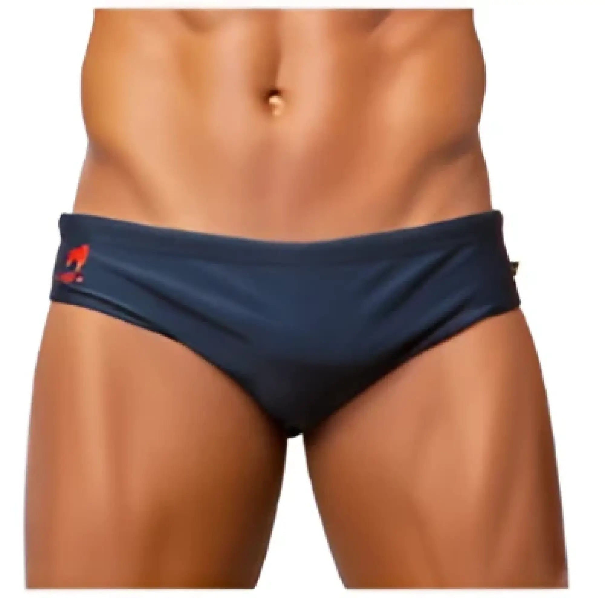 Navy blue brief cut solids sunga male bathing suit with a small red logo on the left hipband for swimming