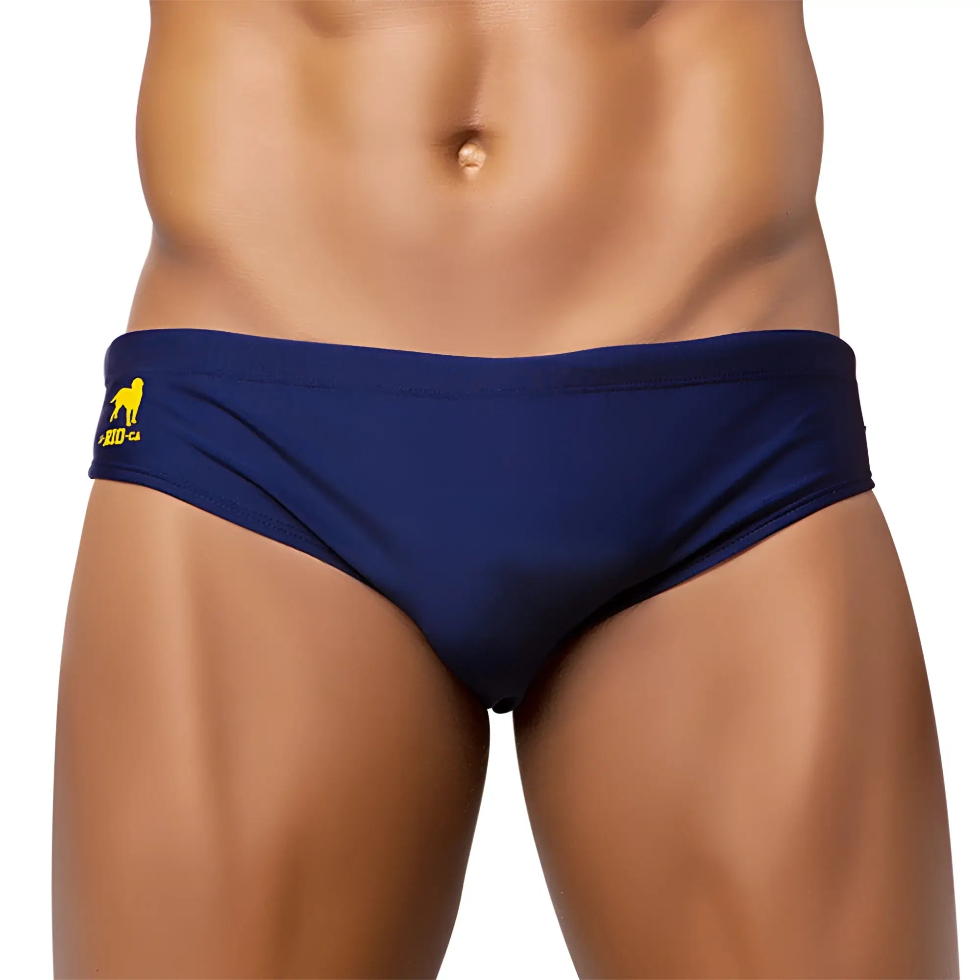 Navy blue brief cut solids sunga swim trunks with yellow dog logo on left waistband for male bathing suit