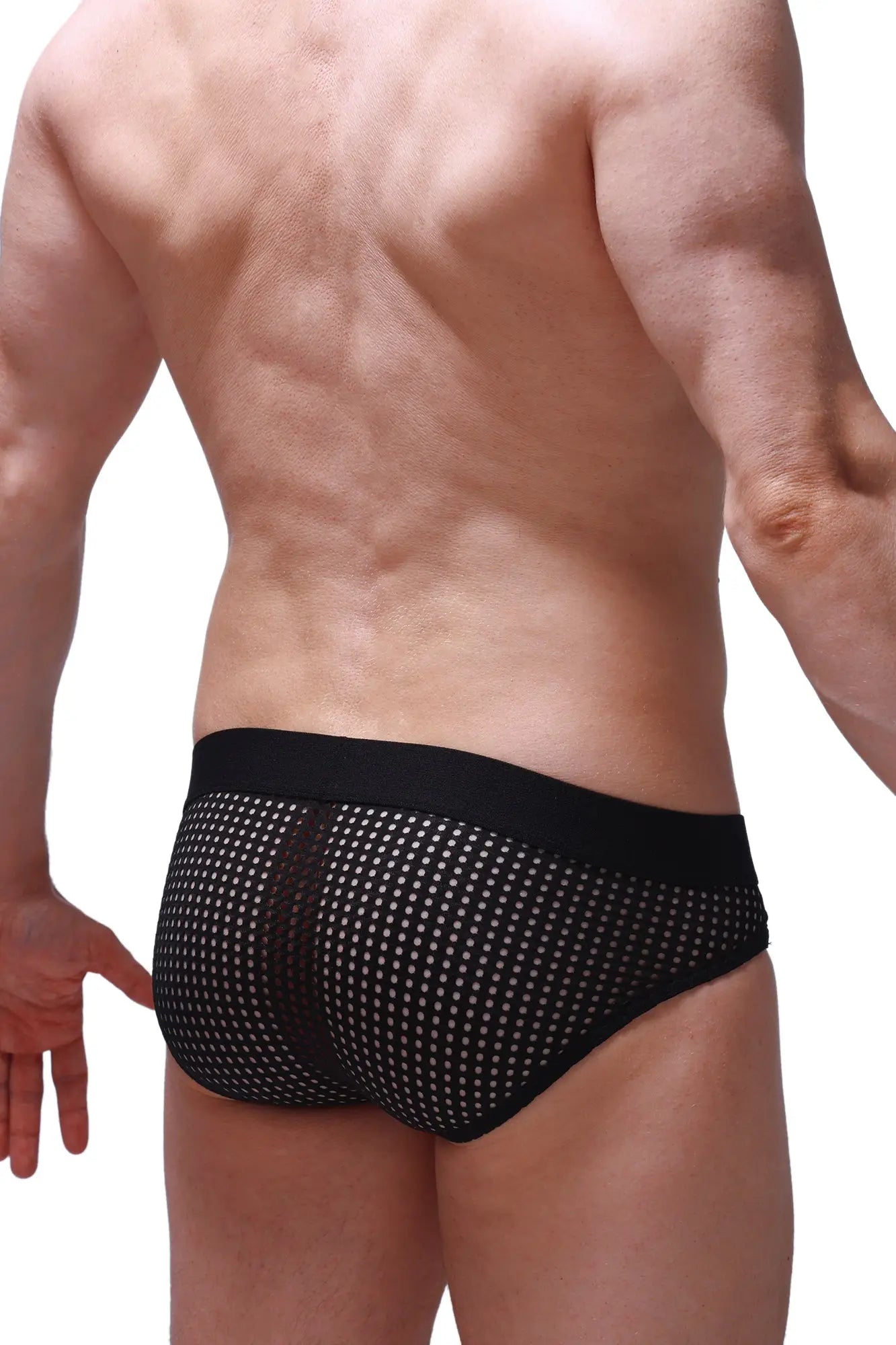 Black mesh briefs brief dolmen durtol black with white dot pattern and solid black waistband front view