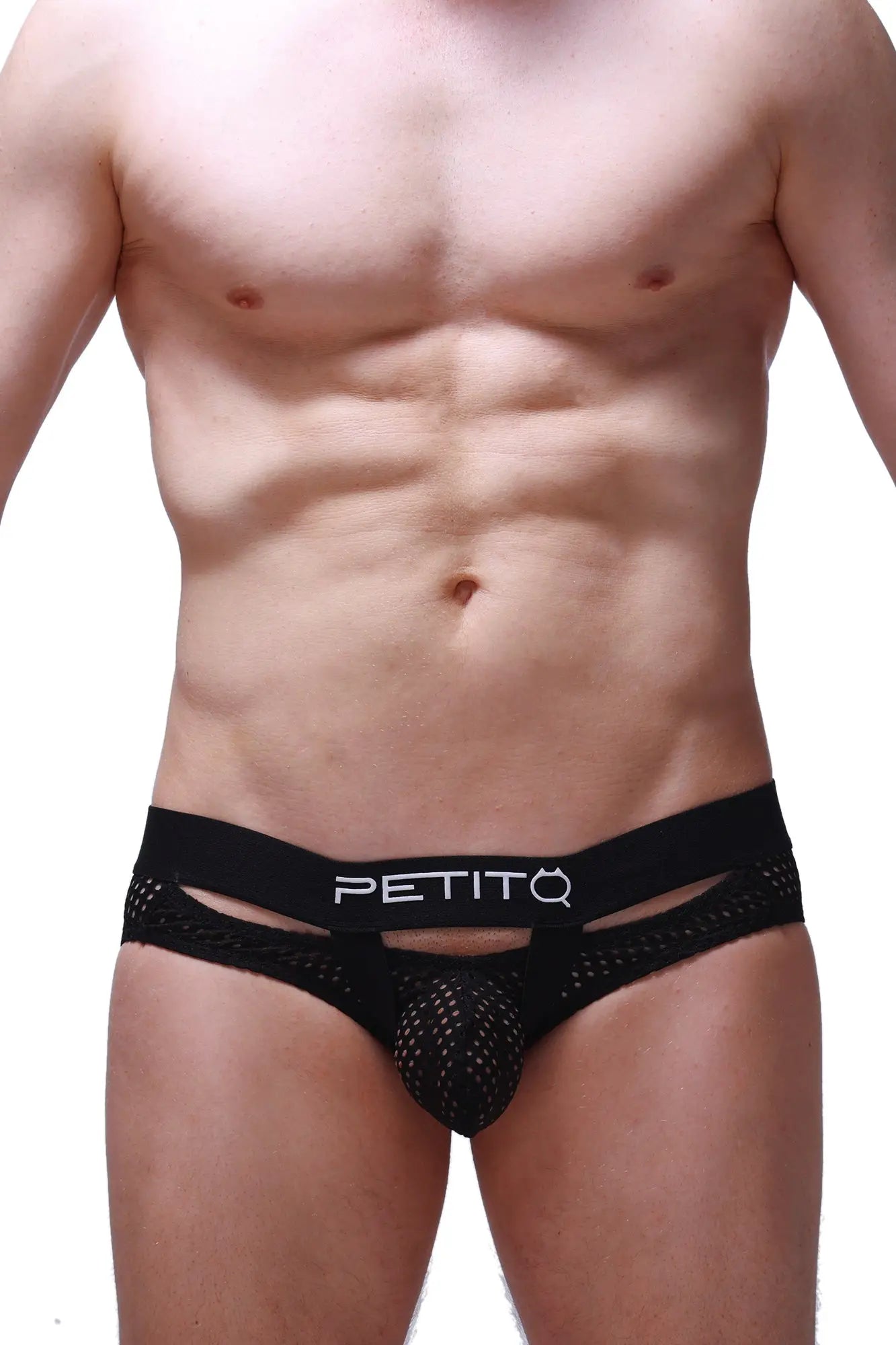 Black mesh briefs brief dolmen durtol with white petitq logo on the waistband