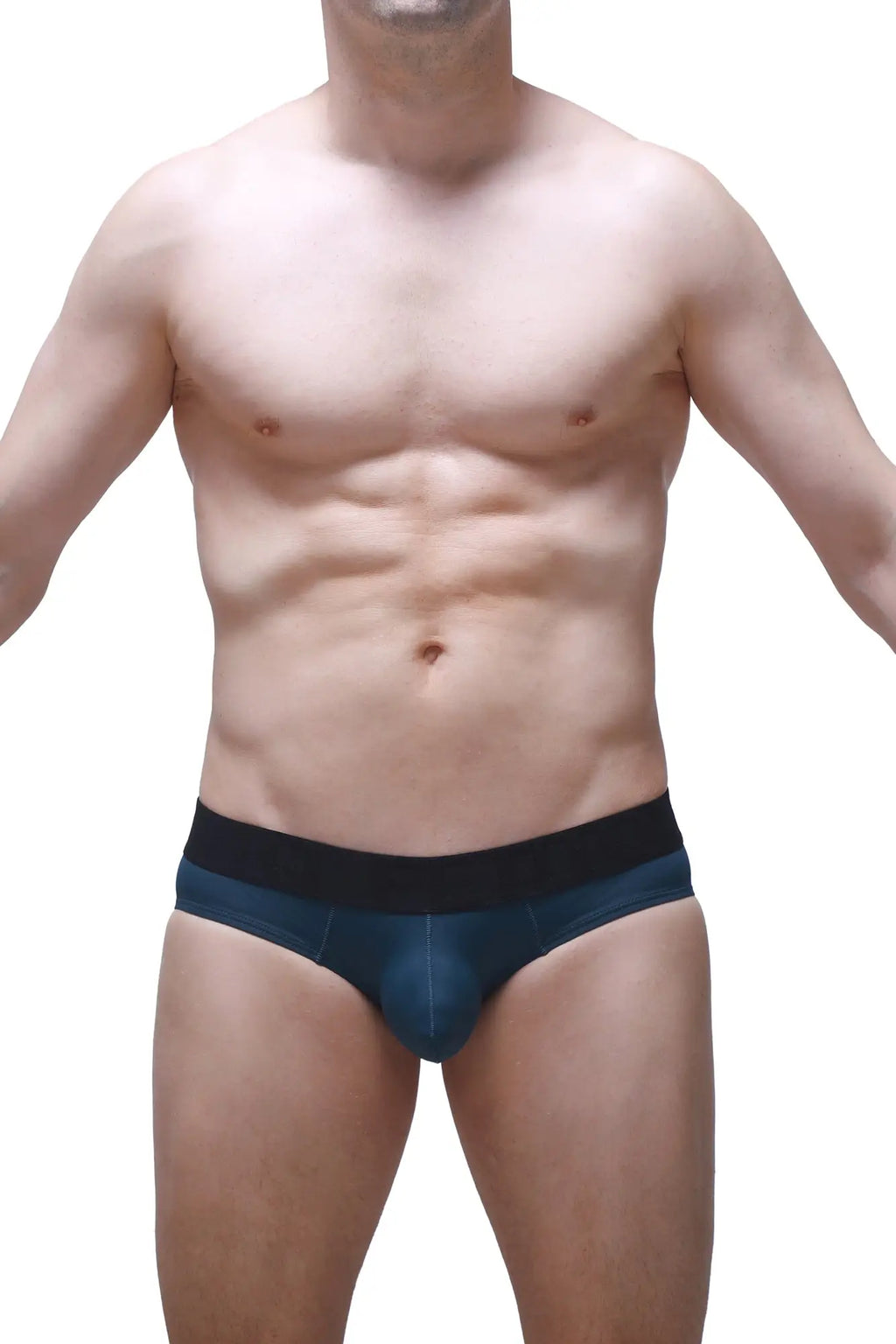 Brief dome prussian blue dark blue denim-style briefs with contrasting black elastic waistband front view