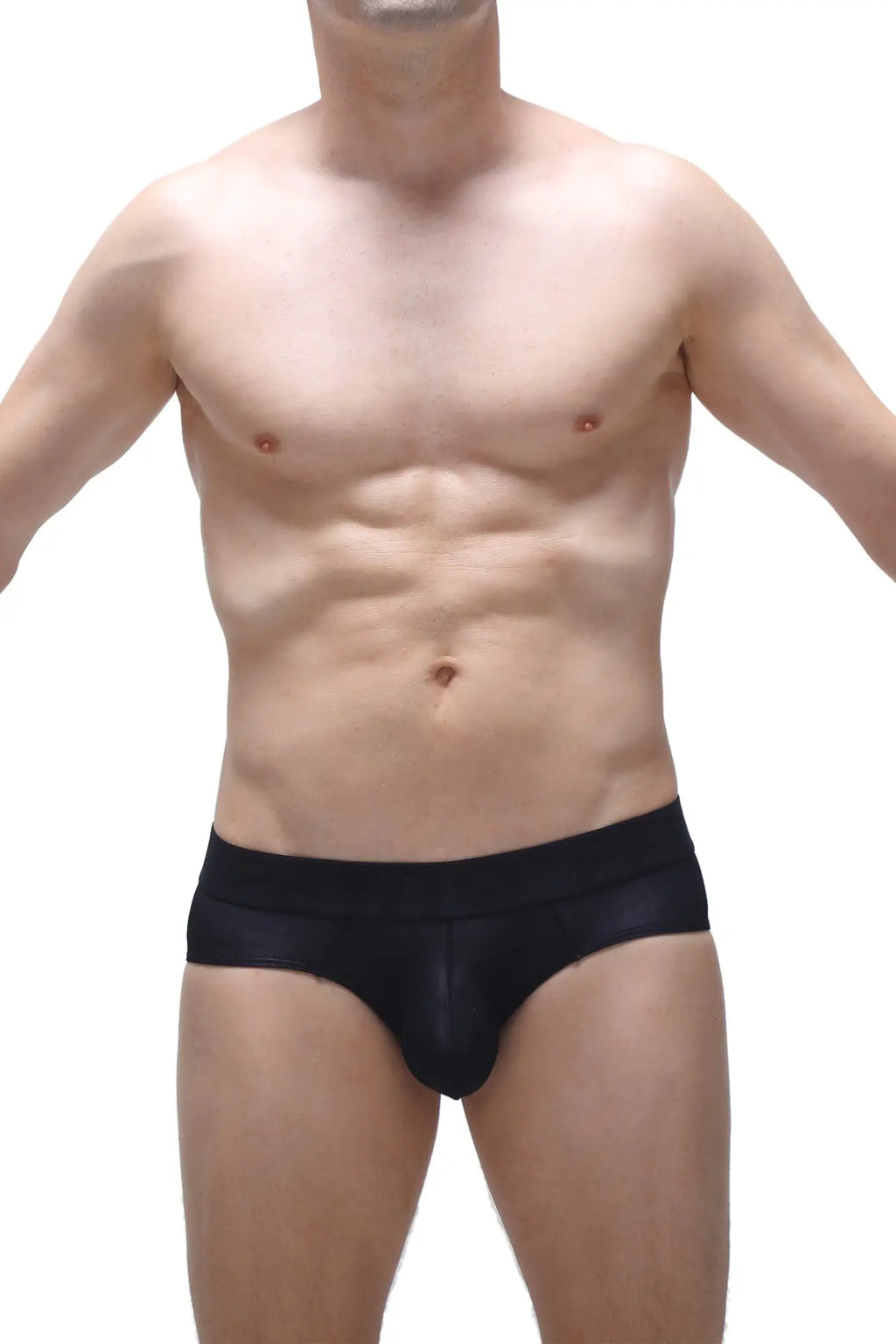 Black briefs with a smooth form-fitting voile fabric design in black shown from the back side