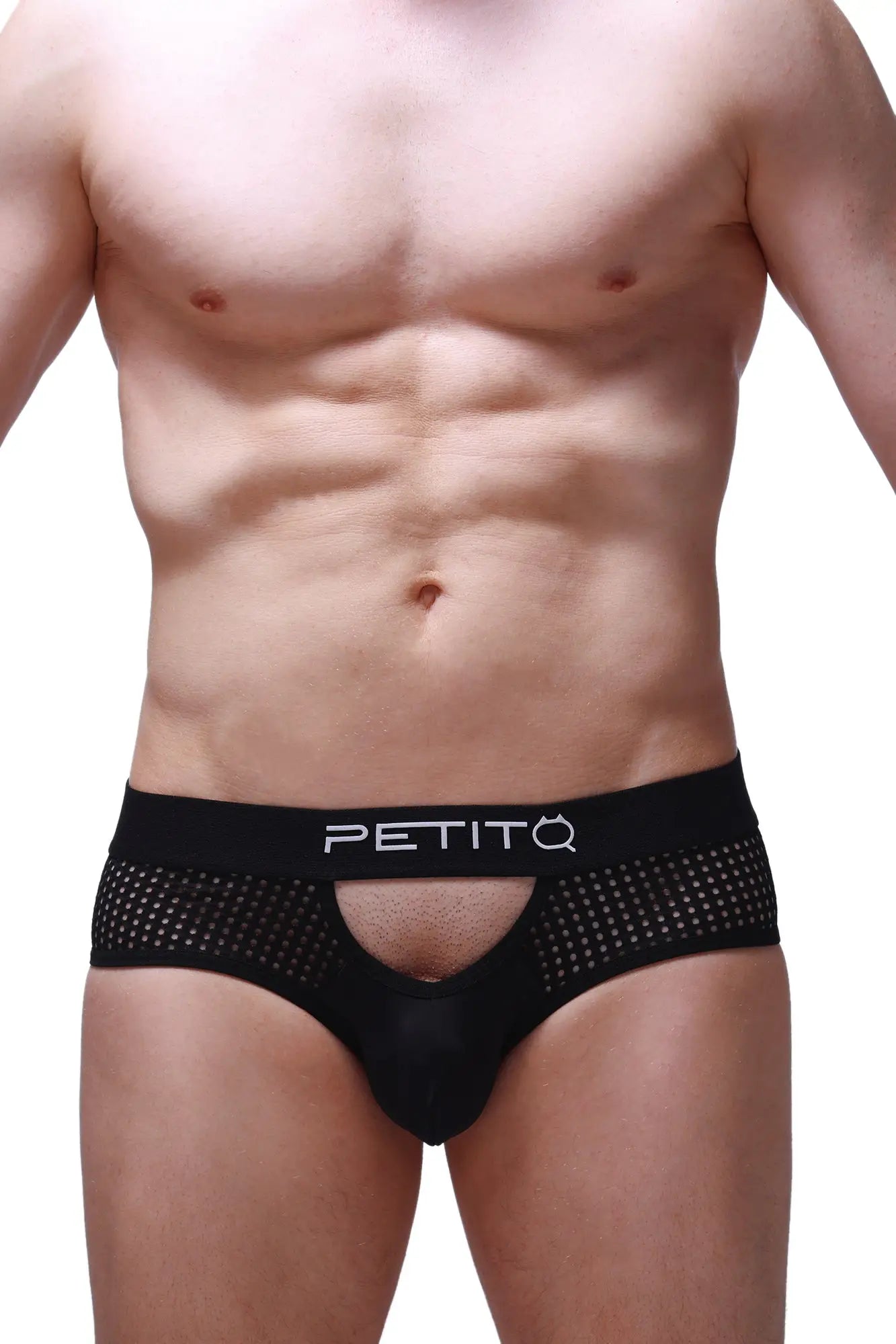 Black mesh briefs ethel durtol with central cutout and petitq logo on waistband
