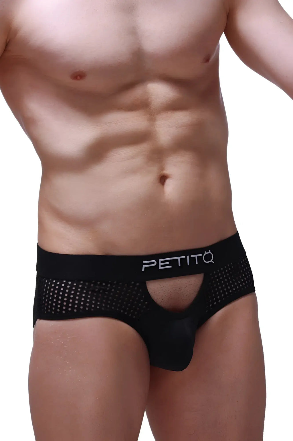 Black mesh briefs brief ethel durtol black with central cutout and petitq logo on waistband