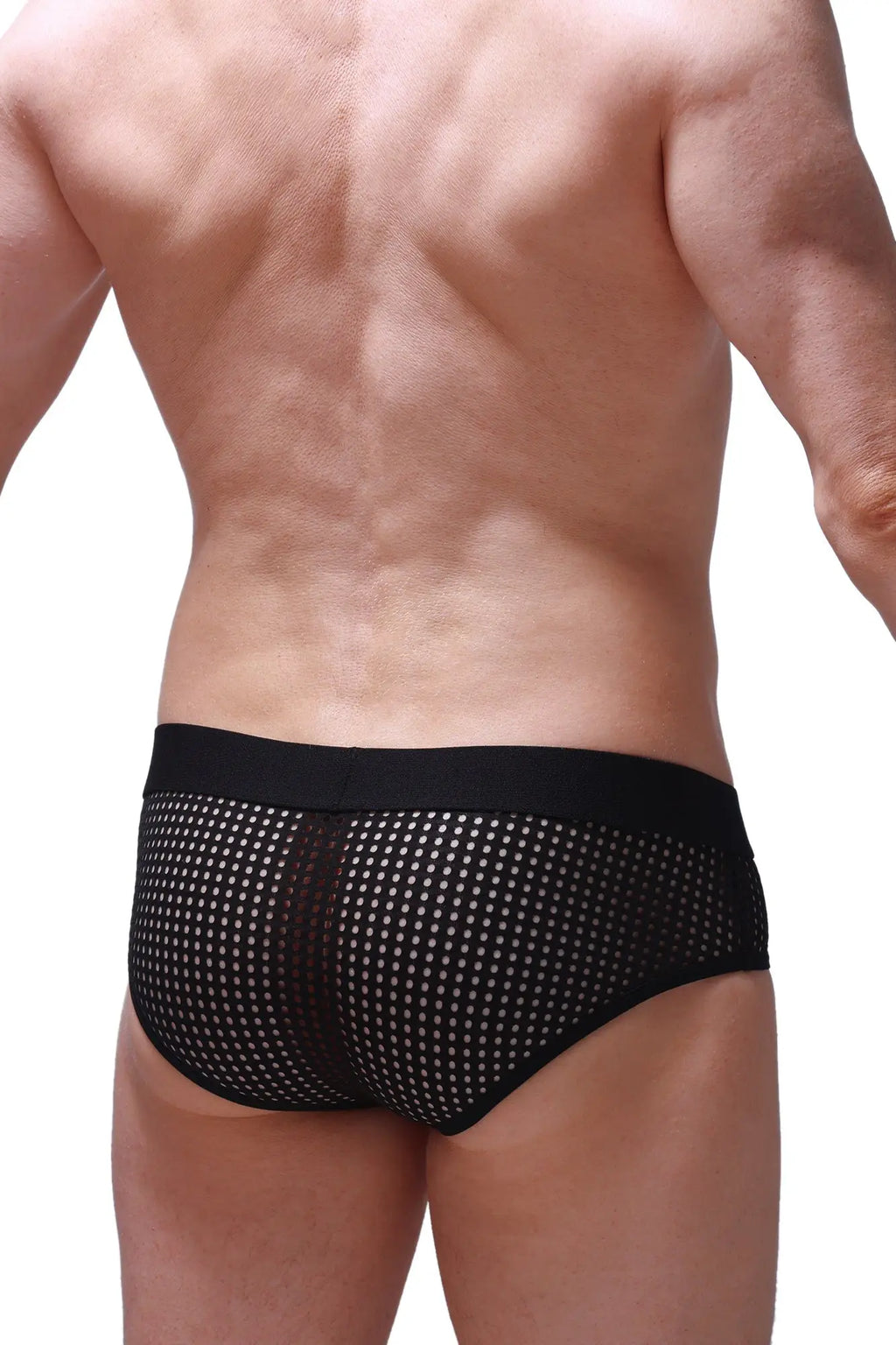 Black mesh briefs ethel durtol black with white dot pattern and solid black waistband front view