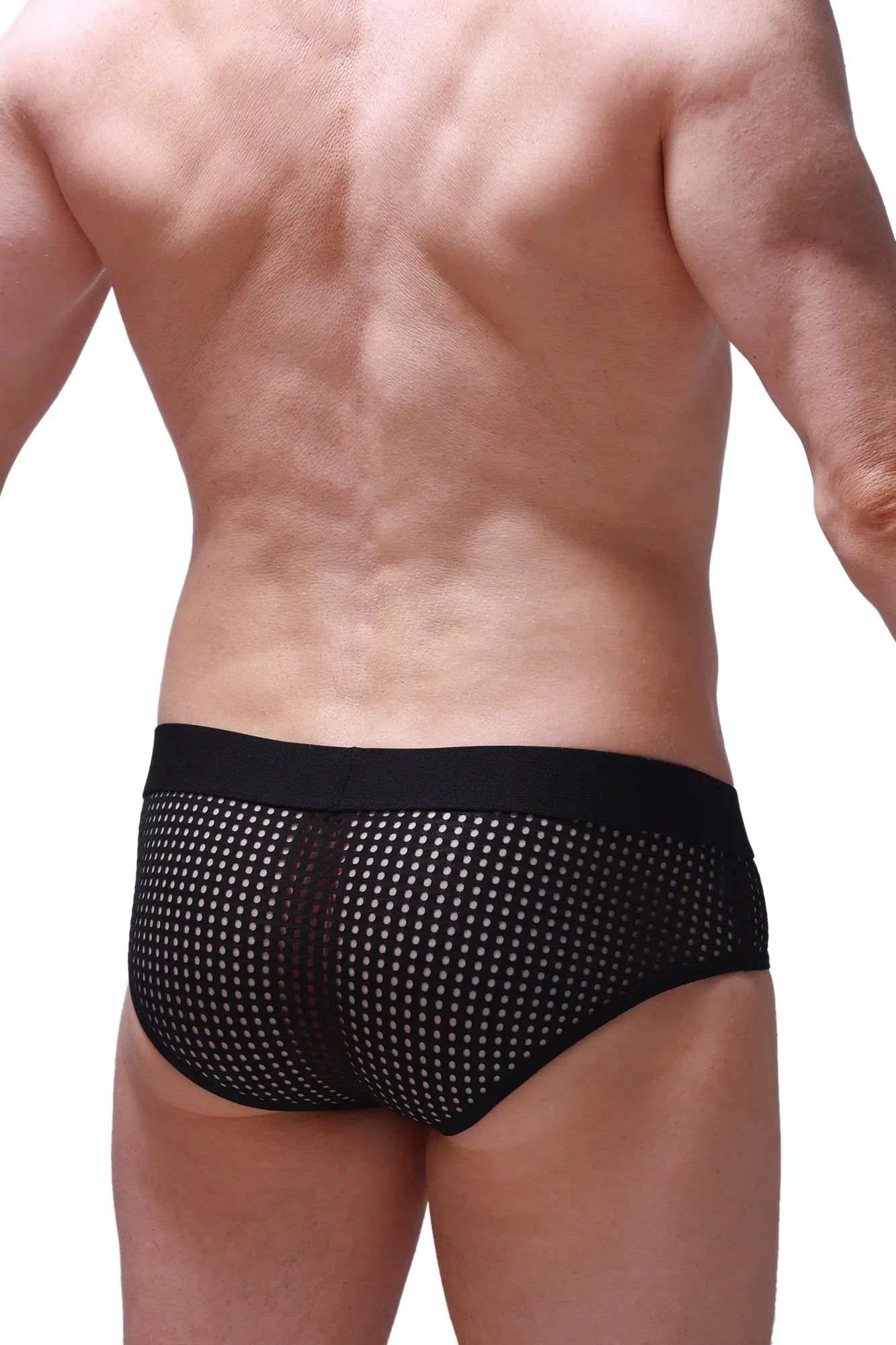 Black mesh briefs ethel durtol black with white dot pattern and solid black waistband front view