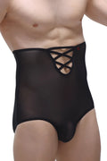 Brief gaine net black high-waisted men’s underwear in black sheer lace with lace-up detail and smooth form-fitting design