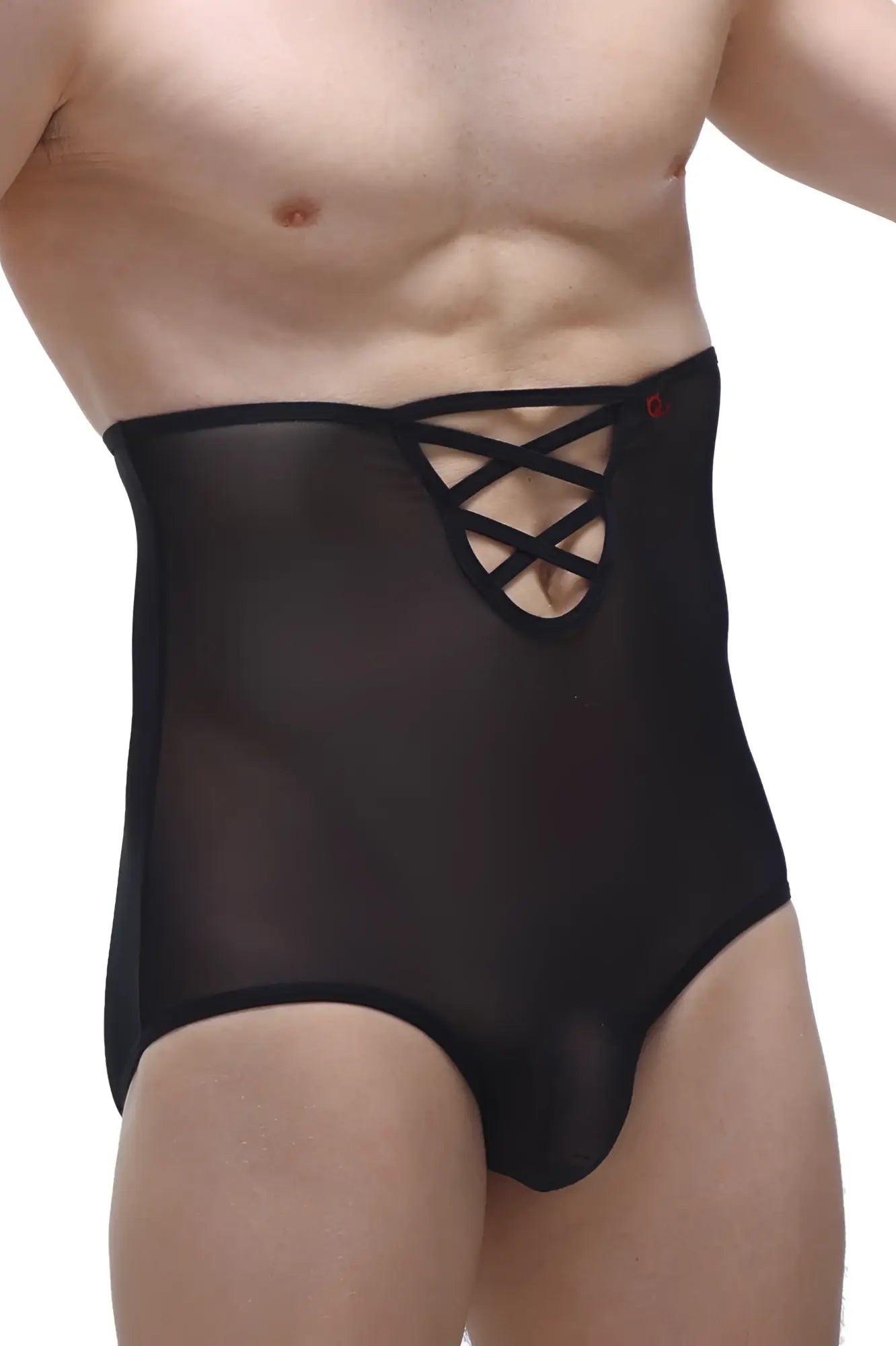 Brief gaine net black high-waisted men’s underwear in black sheer lace with lace-up detail and smooth form-fitting design