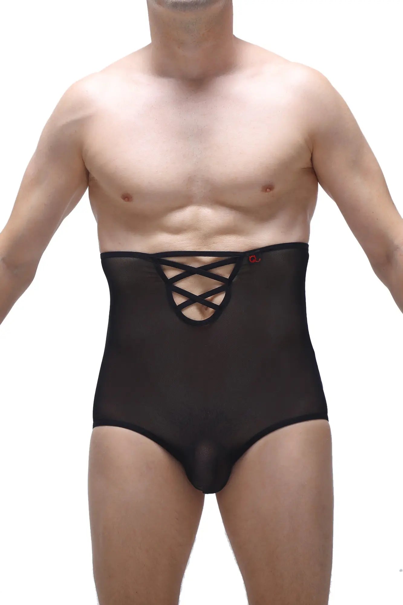 Black sheer mesh high-waisted brief gaine net underwear with lace-up front design for stylish comfort