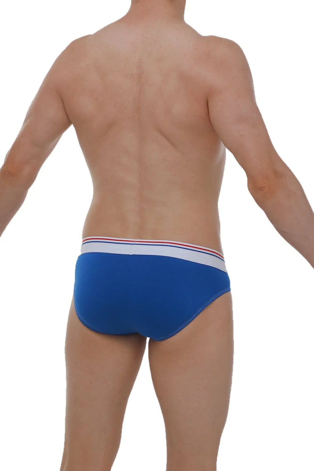 Blue briefs with white waistband and red blue stripes made from modal fabric for comfortable everyday wear