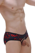 Black briefs with red erotic patterns and zipper detail from brief hole cockring boudoir collection