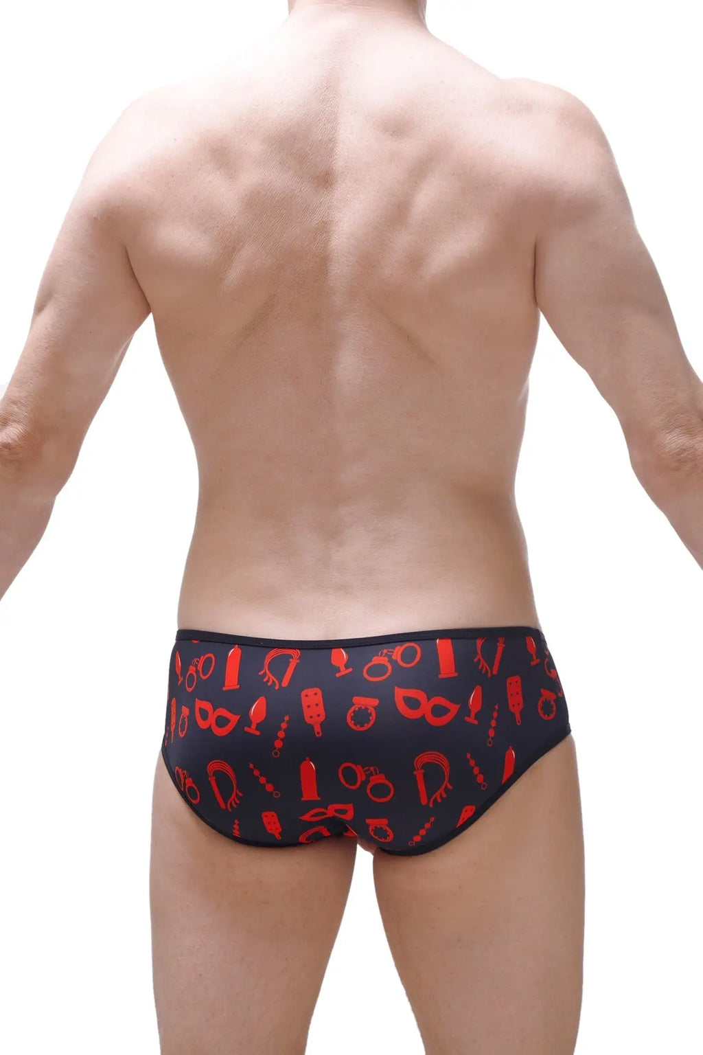 Brief hole cockring boudoir black swim trunks with bold red symbol pattern perfect for stylish swimwear