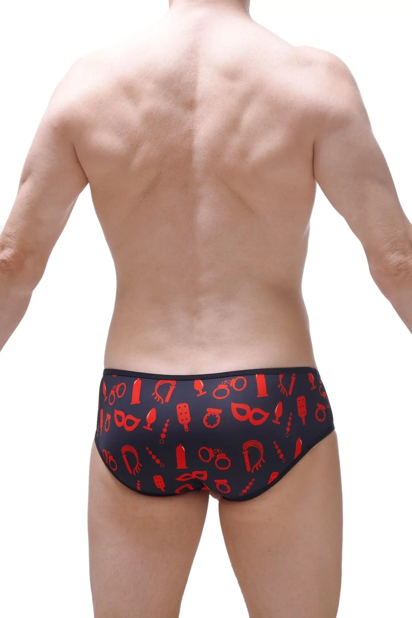 Brief hole cockring boudoir black swim trunks with bold red symbol pattern perfect for stylish swimwear