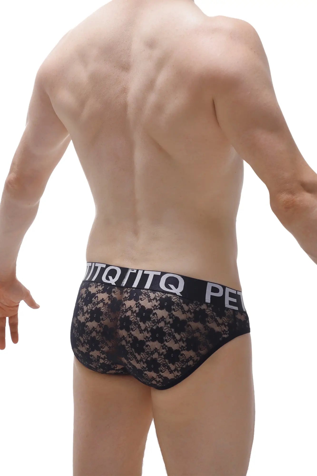 Brief jans lace black briefs in black lace with contrasting black elastic waistband featuring white lettering